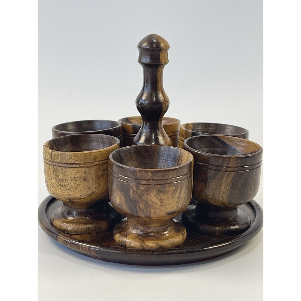 Wooden Goblets W/Tray Egg‎ Holder ~ Possibly Olive Or Teak Wood Vintage4.5 in